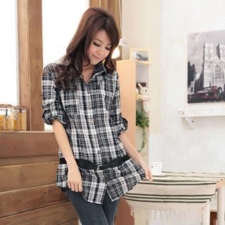 Belted Long Plaid Blouse