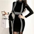 Long-sleeve Contrast Trim Mini Sheath Knit Dress Black - One Size