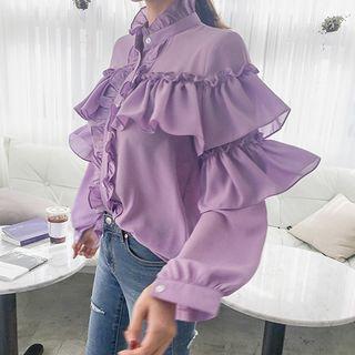 Mandarin-collar Frilled Chiffon Blouse