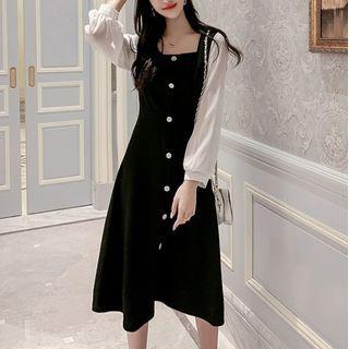 Square Collar Panel Sleeve Midi Dress