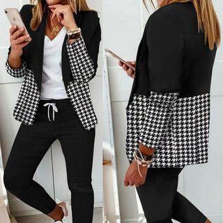 Set: Houndstooth Panel Blazer + Straight Leg Pants