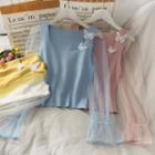 Butterfly-accent Mesh-sleeve Crop Knit Top In 6 Colors