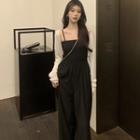 Spaghetti Strap Ruched Wide Leg Jumpsuit / Plain Cardigan