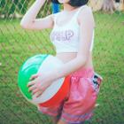 Set: Print Cropped Tankini + Satin Shorts