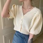 Puff-sleeve V-neck Cutout Knit Top