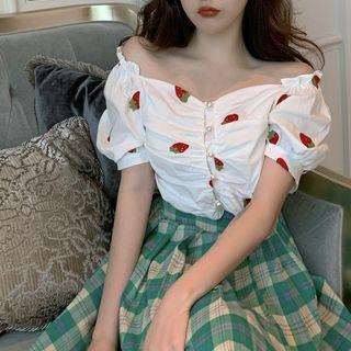 Embroidered Square-neck Puff-sleeve Blouse