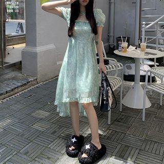 Puff-sleeve Square-neck Ruffle Floral Dress