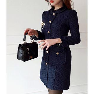 Fray-edge Metallic-button Mini Tweed Dress