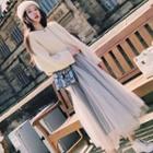 V-neck Sweater / Mesh Midi A-line Skirt / Set