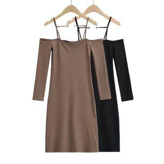 Long-sleeve Off-shoulder Halter Sheath Dress
