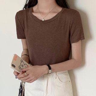 V-neck Plain Short-sleeve Top / Round-neck Plain Short-sleeve Top