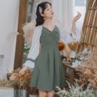 Puff-sleeve Shirred Paneled A-line Dress