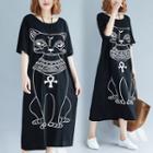 Short-sleeve Cat Print Midi T-shirt Dress Black - One Size