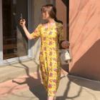 Square-neck Floral Print Dress Yellow - One Size