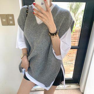 V-neck Plain Knit Vest Gray - One Size