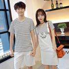 Couple Matching Stripe Short-sleeve T-shirt / Pinafore / Shorts