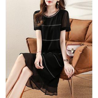 Short-sleeve Contrast Trim Mesh Panel A-line Dress