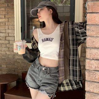 Lettering Cropped Camisole Top + Plaid Shirt