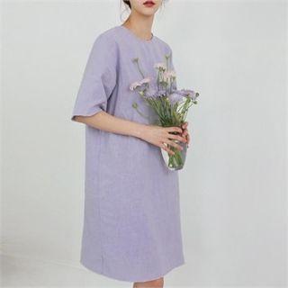 Round-neck Fray-trim Linen Dress