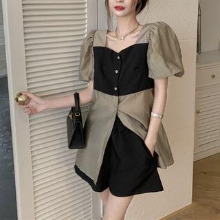Puff-sleeve Two Tone Blouse / Elastic Waist Shorts