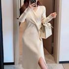 Shirred Midi Slit Knit Dress