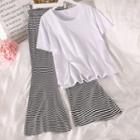 Plain Short-sleeve T-shirt / Striped Boot-cut Pants