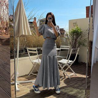 Gingham Set: Bubble Crop Top + Maxi Mermaid Skirt Black - One Size