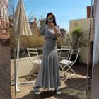 Gingham Set: Bubble Crop Top + Maxi Mermaid Skirt Black - One Size