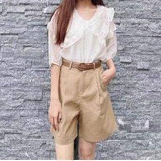 Set: 3/4-sleeve Frill Trim Blouse + Wide Leg Shorts