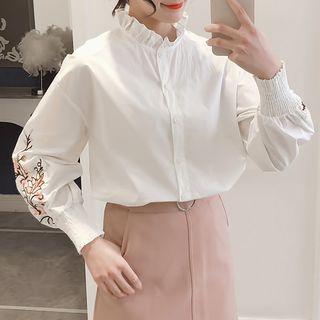 Stand Collar Floral Embroidered Shirt