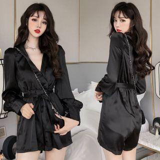 Tie-waist V-neck Long-sleeve Playsuit Black - One Size