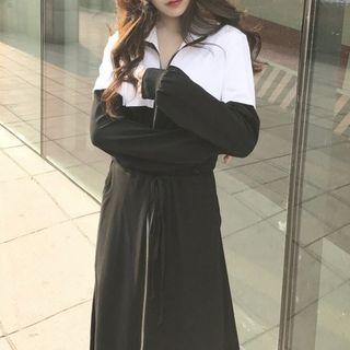 Two Tone Drawstring Waist Longline Zip Jacket