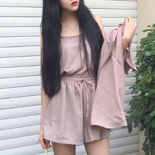 Long Jacket / Set: Plain Camisole Top + Wide Leg Shorts