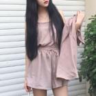 Long Jacket / Set: Plain Camisole Top + Wide Leg Shorts
