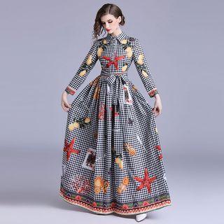 Long-sleeve Printed Plaid Maxi Dress