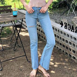 Button-fly Slit-front Washed Boot-cut Jeans