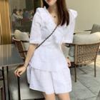 Elbow-sleeve Ruffled A-line Mini Dress White - One Size