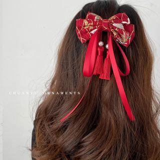 Print Bow Tassel Hair Clip