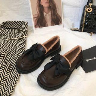 Block Heel Fleece-lined Bow Loafers