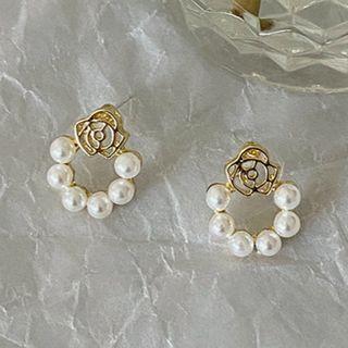 Alloy Flower Faux Pearl Hoop Earring 1 Pair - Silver - One Size