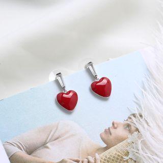 925 Sterling Silver Heart Rhinestone Dangle Earring 925 Silver - Red & Silver - One Size