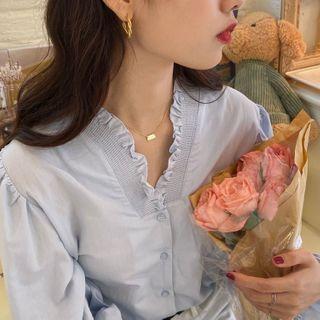 Frilled V-neck Long-sleeve Blouse Blue - One Size