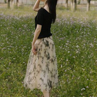 Set: Short-sleeve Top + Mesh Midi Skirt
