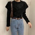 Velvet Ribbed Ruffled Long-sleeve Top