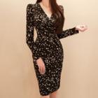 Long-sleeve Printed V-neck Sheath Dress
