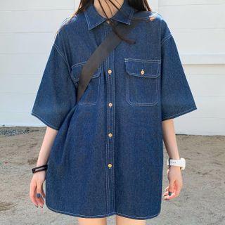 Oversize Elbow-sleeve Denim Shirt As Shown In Figure - One Size