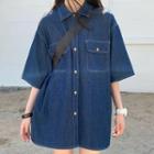 Oversize Elbow-sleeve Denim Shirt As Shown In Figure - One Size