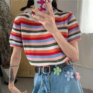 Short-sleeve Round-neck Rainbow Striped Knit Top As Shown In Figure - One Size