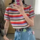 Short-sleeve Round-neck Rainbow Striped Knit Top As Shown In Figure - One Size