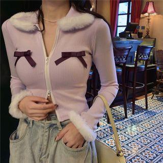 Furry-trim Ribbon-accent Zip-up Crop Top Light Purple - One Size